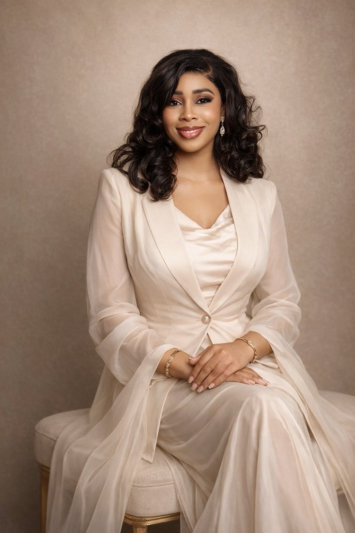 Natalie Usen, Certified Transformation and Somatic Coach, seated in a cream suit and smiling