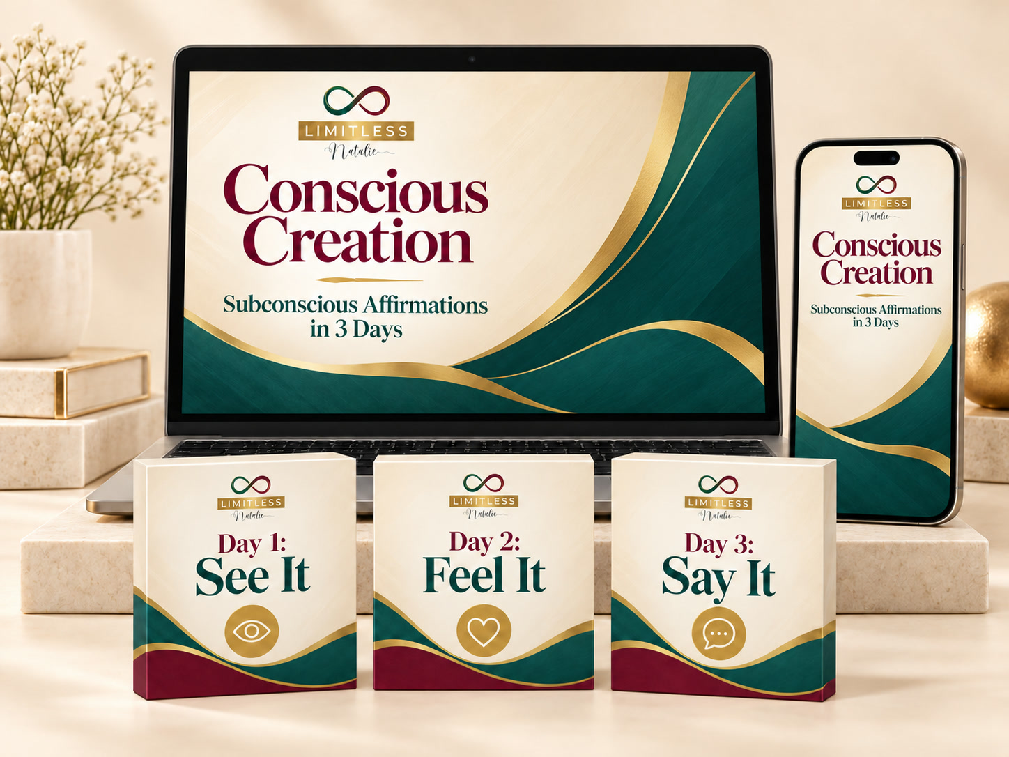 Conscious Creation on a phone and a laptop, in teal, burgundy and gold